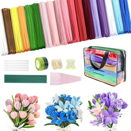 1000 PCS Pipe Cleaners Craft, Pipe Cleaners Flowers Kit with Handle, | 18 Colors Chenille Stems with Instruction, DIY Pipe Cleaner for Home Arts and Crafts Decorations Supplies