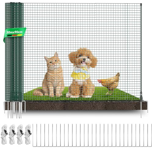 Warmfay Mobiler Begrenzungszaun, 30m x 90cm Engmaschig Hühnerzaun Komplett-Set mit 17 Fiberglaspfähle + 30 U-Heringe, Einfacher Aufbau, Wetterfest & UV-Beständig Weidezaun für Camping, Garten, Hof