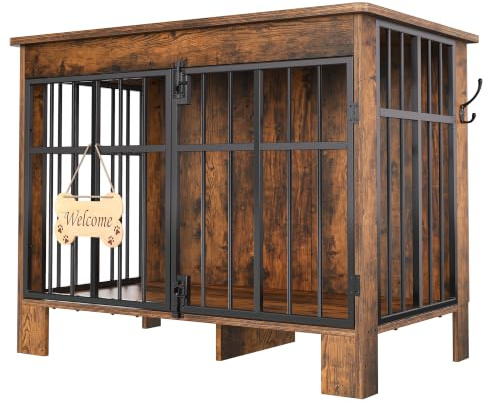 YITAHOME Hundebox für Zuhause 85cm, Doppeltür, Rustic Brown | Knochen-Welcome-Schild, Seitenhaken, Doppelriegel, Beistelltisch nutzbar, Für Klein-Mittelhunde, Wasserfest, pflegeleich