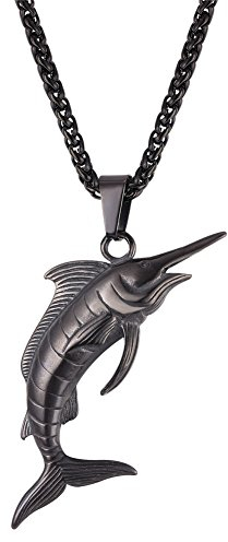 U7 Herren Fische Kette schwarz Edelstahl 3D Schwertfisch Anhänger mit 3mm/55+5cm Weizenkette Maritim Tier Strand Meer Modeschmuck Accessoire
