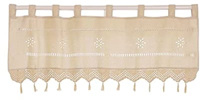 choicehot Kurzgardinen Landhausstil Scheibengardine Leinen Bistrogardine - 40 cm Hoch Gardinen Gehäkelter Hohler Beige Fenstergardinen mit Quaste 1 Stück,40x150cm(HxB)