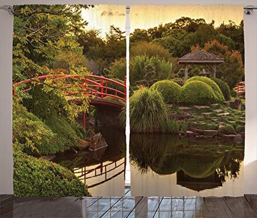 ABAKUHAUS japanisch Rustikaler Gardine, Garten Asien Frieden, Schlafzimmer Kräuselband Vorhang mit Schlaufen und Haken, 280 x 175 cm, Grün Gelb
