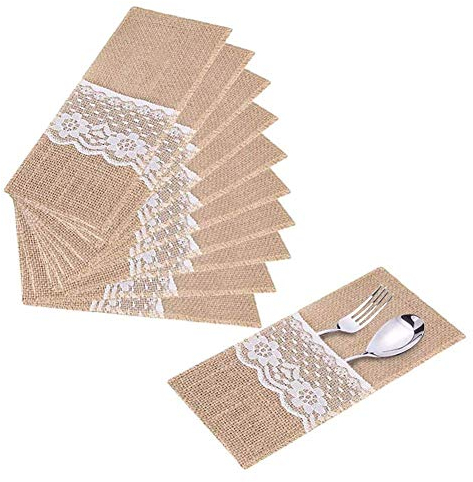 10 stücke Jute bestecktasche, Vintage Sackleinen Spitze Serviettenhalter Geschirr Abdeckung für Party Hochzeit Dekoration