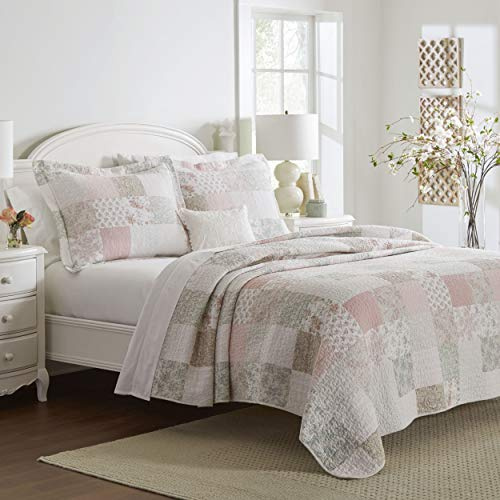 Laura Ashley Honeysuckle Collection Wendebettwäsche aus Baumwolle mit passenden Kissenbezügen, inspirierte Wohnkultur, 100, Celina Patchwork rosa/Salbei, Queen