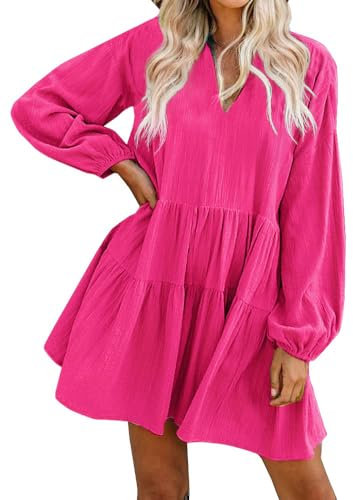 FANCYINN Tunika Kleid Damen V-Ausschnitt Lose Casual Swing Kleid Mini Kleider mit Gerafft Schmeichelhaft Pfirsich Langarm L