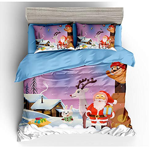 HOXMOMA Housse de Couette réveillon de Noël 3D pour Enfants, Ensemble de literie Père Noël Bonhomme de Neige, Housses de Couette et taies d'oreiller décoratives de Noël,Rose,US Full