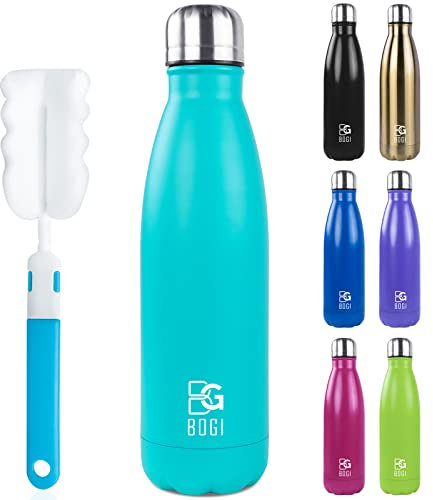 BOGI Insulated Water Bottles,750ml Metal Water Bottle,Leakproof Stainless Steel Water Bottle Keep Hot and Cold Water Bottle Bike Gym Sports Water Bottle for Girls Kids with Cleaning Brush(Mint)