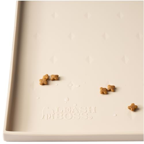 Leashboss Spritzmatte Medium/Gross – Napfunterlage Katzen & Hund mit Großer Lippe, Rutsch- und Wasserfeste Silikon Napfunterlage für Futter, Wasser oder Brunnen (51 x 33 cm, Beige)