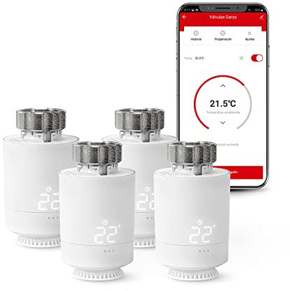Garza - Pack 4 Cabezal Termostático Inteligente para Válvula Termostática de Radiador. Regulador de Temperatura, Control Calefacción, Pantalla LED, Programable, Blanco, Control por app, Alexa y Google