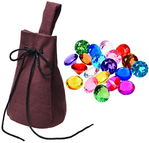 Eco-Fused Kordelzug Gürteltasche mit 20x Kunststoff Edelsteine - Renaissance Geldbörse Münzbeutel Piraten Edelsteine - Zubehör Schmuck Tasche, LARP Gürteltasche Cosplay Kostüm - Dekorative Steine