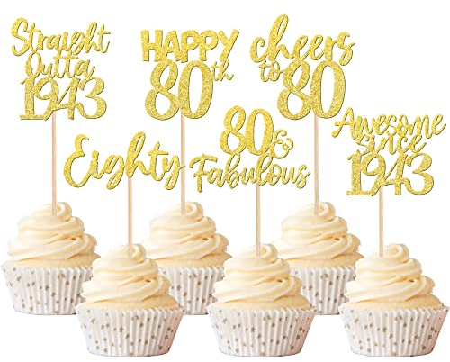 Xsstarmi 24 PCS Happy 80th Birthday Cupcake Toppers Eighty Straight Outta 1943 Cupcake Picks Awesome Since 1943 Cheers to 80 Fabulous Cake Decorations for 80th Birthday Party Supplies Gold