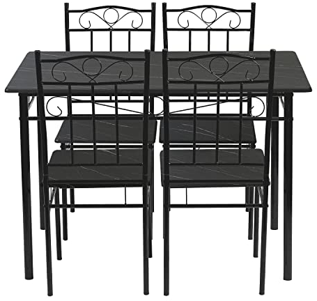 IPOTIUS Esszimmer-Set mit Esstisch und 4 Stühlen, Schwarze Marmorierter Esstisch und Stühle, Schwarze Metallbeine, für Esszimmer, Küche, Wohnzimmer