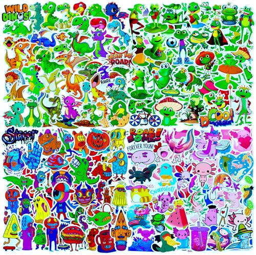 Aufkleber 200 Stück Axolotl Frosch Dinosaurier Monster Tiere Sticker Set Wasserfeste Vinyl Sticker für Laptop Skateboard Scrapbook Trinkflasche MacBook Handy Tagebuch Tassen Moped Fahrrad Koffer