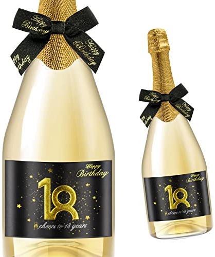 Giftota 2 Stück 18 Geburtstags-Flaschenetikett & Geschenkschleifen - Weinetiketten Personalisiert Selbstklebend für Sekt und Schaumwein - 18 Geburtstag Deko - Geburtstags-Geschenk für Männer & Frauen