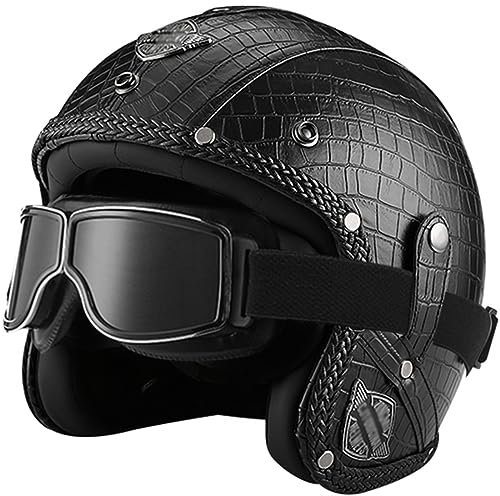 Motorradhelm Jethelme Lederhelm Retro Leder-Helm Vintage Mopedhelm mit Brille Maske Motorradkreuzer-Rollerhelm im Deutschen Stil für Männer und Frauen,F-M(57~58cm)