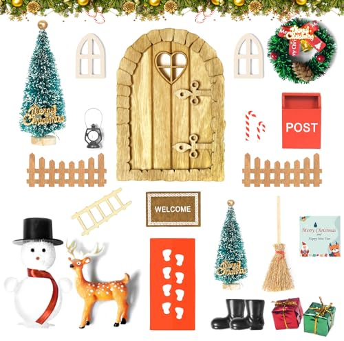 Etopgo Wichteltür Zubehör Weihnachten,25PCS Wichteltür Set,Weihnachtsdeko Elfentür Holz Wichtel Tür,mit Miniatur Briefkästen, Zäun,Leiter,Stiefel,Kranz,Schneemann,Feentür Set für Kinderspielzeug