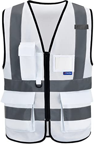 AYKRM Weiß Warnweste mit Reflektorstreifen mit Reißverschluss und Taschen Arbeitsweste