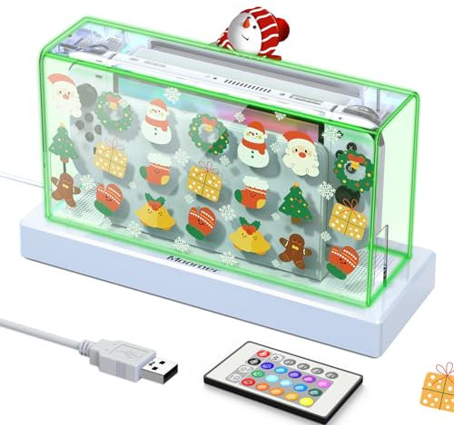 Mooroer Cubierta Antipolvo para Nintendo Switch/Switch OLED de Dock Funda Protectora para Switch/Switch OLED Accesorios Acrílico Carcasa con 16 Colores de Luz LED Antipolvo&Antiarañazos-Tema Navideño