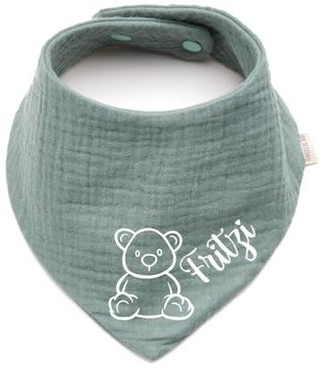 Personalisiertes Dreieckshalstuch aus Baumwolle/Musselin | Teddybär mit Namen | Halstuch für Jungen, Mädchen | Viele Farben (Dunkelmint)