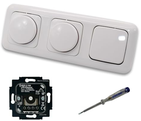 Busch Jäger 6523U-102 (2 x) LED Drehdimmer Dimmer + Dimmerscheiben 2115-214 und Kreuzschalter 2000/7 US in Reflex Si alpinweiß glänzend inklusive EBROM Phasenprüfer zur Montage der Geräte 6523 U – 102