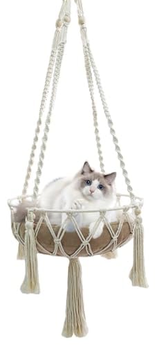 NCONCO Handgestrickte hängende Katzenhängematte Makramee Katze Hängebett Katzenkorb Bett für drinnen und draußen Spielen, Schlafen, Klettern (weiß)