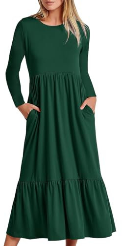 shownicer Robe Longue Femme Manches Longues Robe Col Rond Décontractée Robe Elegant Couleur Unie Robe Midi Robes Automne Mi-Longue Robe A Vert Foncé M