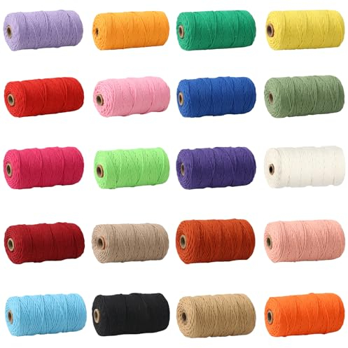 Jubor Makramee Garn 2mm x 30m, 20 Stück Naturliches Baumwollgarn Baumwollkordel, 20 Farbe Makramee Kordel für DIY Handwerk Boho Deko Wandbehang Dekoration Wohnzimmer Balkon Schlafzimmer