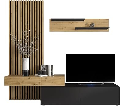 Mirjan24 Wohnwand Rakle, Wohnmöbel, Elegante Wohnzimmer-Set mit dekorative Lamellen, Griffloses Öffnungssystem, Wohnzimmer Kollektion, Stilvolles TV-Lowboard, Wandregal (Schwarz/Artisan Eiche)
