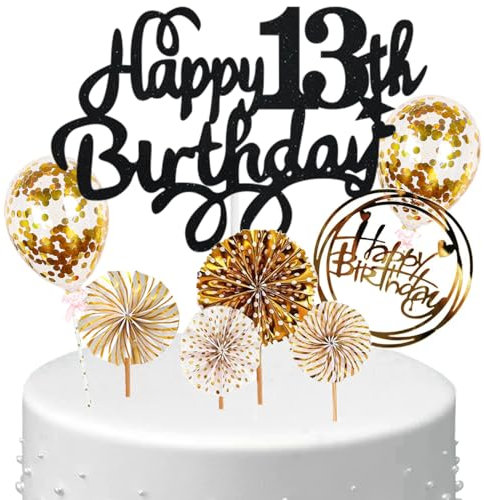 Anlgdi Tortendeko 13 Geburtstag Mädchen Junge, Kuchen Topper 13. Geburtstag Mädchen, Kuchendeko Happy 13th Birthday Schwarz Gold, Glitter Cake Topper 13. Deko für Geburstagstorte Deko 13 Jahre Kinder