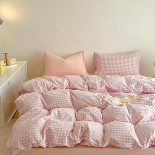 Covebett Duvet Cover Single Pink White Grid Washed Microfiber Bedding Set Cute Girls Women Checked Plaid Quilt Cover 135x200 Zipper Closure and 1 Pillowcase 50x75cm