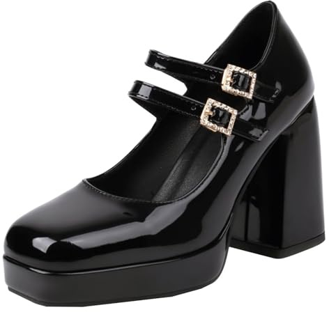 HSyc JRX Verni Mary Jane Escarpins à talon bloc avec plateforme et boucle Chaussures à talons hauts pour femme, Noir , 43 EU