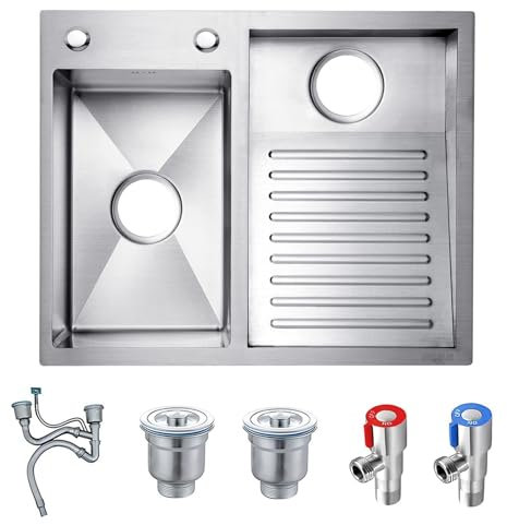 AIVANOTO Fregadero De Lavandería Sus, Fregadero Grande con Tabla De Fregar Integrada, Pileta De Lavado De Doble Cubeta, con Kits De Drenaje, para Lavadero, Balcón, Sótano(Silver-B,60x48x22cm)