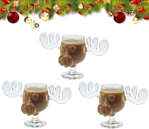Christmas Eggnog Moose Mug, Christmas Elk Glasses National Christmas Holiday, Xmas Vacation Movie Moose Glass, Glass Safe Packaging, 240ml Clear Coffee Mugs Gifts for Family Friends Party（3pcs