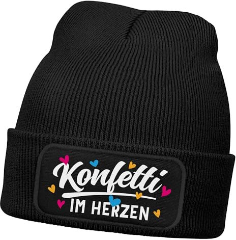 MoonWorks® Damen Beanie mit Patch Strickmütze mit Spruch Fasching Karneval Party Konfetti im Herzen Damenmütze Schwarz Unisize