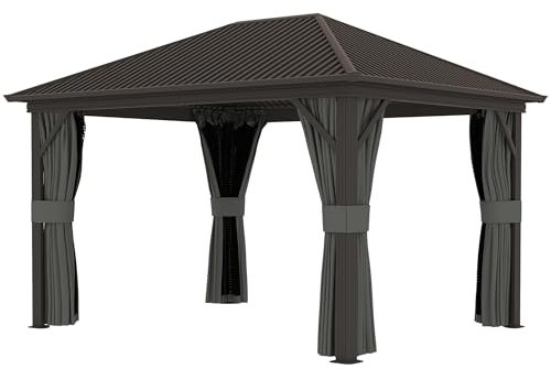 Outsunny 3 x 3.6m Outdoor Hardtop Gazebo Metal Roof Patio Gazebo with Aluminium Frame, Mesh Nettings, Curtains, & Roomy Interior Space, Dark Grey