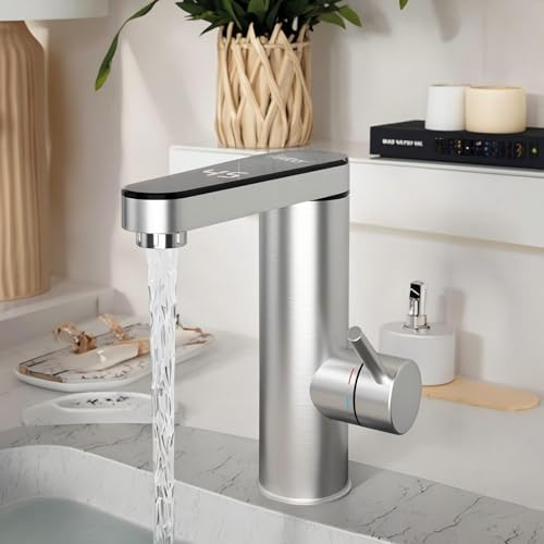 Stainless Steel Hot Water Tap,120 Degree Swivel Spout (Silver) | Silver stainless steel hot water tap with 120° rotating spout & digital temp. Rapid heat. Durable, sleek design for any sink.