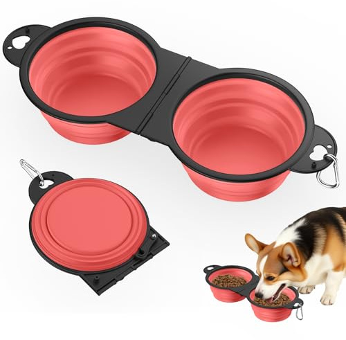 Pawaboo 2-in-1 Collapsible Dog Bowls, Dual Puppy Food and Water Bowls, 180° Flip Over Portable Silicone Dog Bowl with Metal Hook, 450ml Pet Travel Feeder Bowl for Walking Hiking Camping, Light Pink