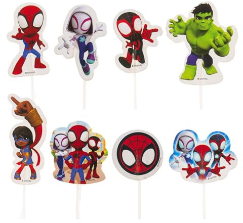 dekora - Spidey Cupcake Toppers Pack of 16 (8 Designs) - Official Marvel Cake Decoration, Sturdy Paper Card with Food-Safe Sticks