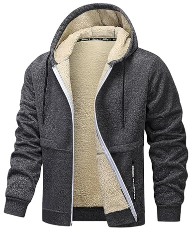 XCXC Herren Fleecejacke mit Kapuze und Reißverschluss Männer Einfarbige Gefütterte Winterjacke Kapuzenjacke mit Kordelzug Taschen Sweatjacke Freizeitjacke für Alltag