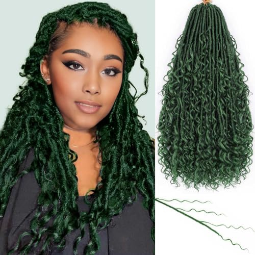Goddess Locs Lot de 7 extensions de cheveux au crochet avec extrémités bouclées pour femme, vert foncé, 60 cm