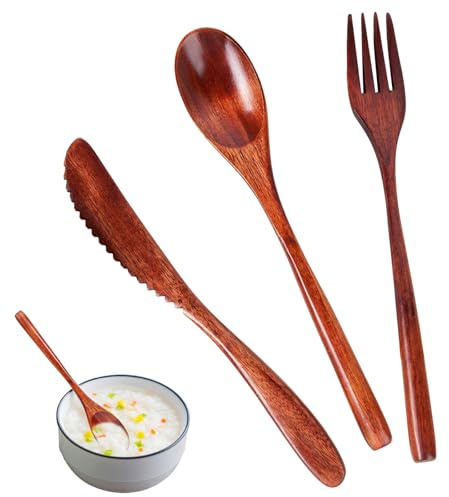 Bamboo Reusable Cutlery Set, 3-Piece Portable Wooden Knife Fork Spoon Kit, Vintage Style Travel Flatware for Camping Picnic Office School Lunch, Dishwasher Safe, Lightweight & Eco-Friendly