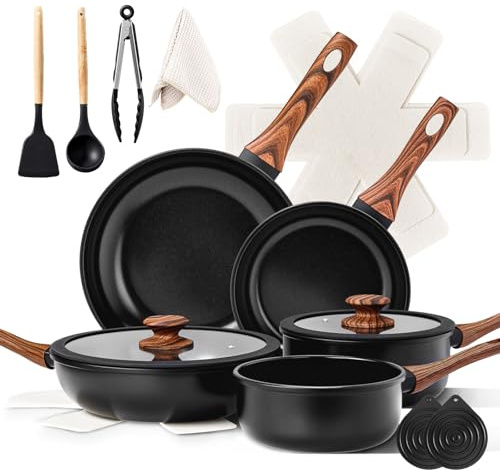 ROVSUN Batterie de Cuisine Induction 17 Pièces, Casserole Induction avec Poignée Bois Anti-Brûlure, Set de Casseroles et Poêles, 5 Casseroles, 2 Couvercles, Tout Feux, Antiadhésive, Noir