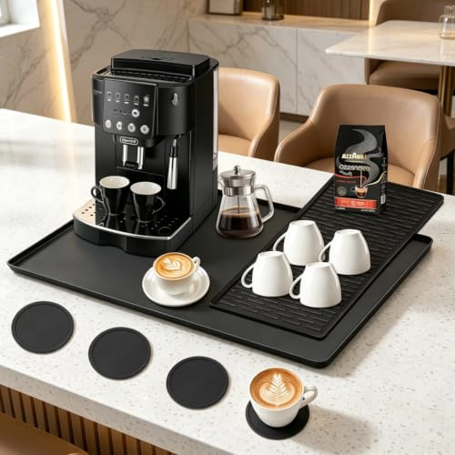 2-in-1 Silikon Unterlage Kaffeemaschine mit Rand 60×40cm + 4 Untersetzer | Mehrzweck Silikon Kaffeematte für arbeitsplatte, Rutschfest Unterlage kaffeevollautomat for kaffeemaschinen, abwischbar
