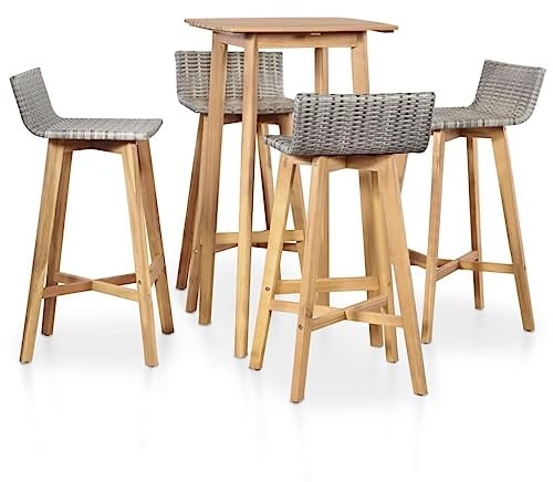 Bucmath 5-TLG. Garten-Essgruppe aus massivem Akazienholz, witterungsbeständigem PE-Rattan, 60x60x105 cm Bartisch mit 4 Stühlen, ideal für Balkon und Terrasse, Outdoor-Möbel-Set