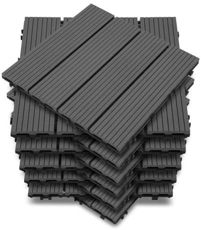 Vkechh WPC Terrassenfliesen, Klickfliesen Terrasse und Balkonfliesen in 30x30 cm Grau. Terrassendielen mit Drainage, 110 Stück (10 m²) als rutschfester Bodenbelag.