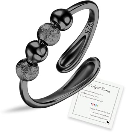 HEEYA Anxiety Ring für Herren Silber 925 Spinner Ring mit Perlen Schwarz Angst Ringe Offen Verstellbar Anti Stress Ringe Hypoallergen Stimmungsring Schmuck Geschenk gegen Stress