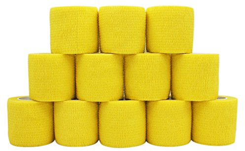 COMOmed - Vendaje médico microporoso y cohesivo, venda de crepé autoadhesiva, vendaje envolvente veterinario para caballos, caucho natural, 5 cm x 4,5 m, hombre, amarillo, 12 rolls