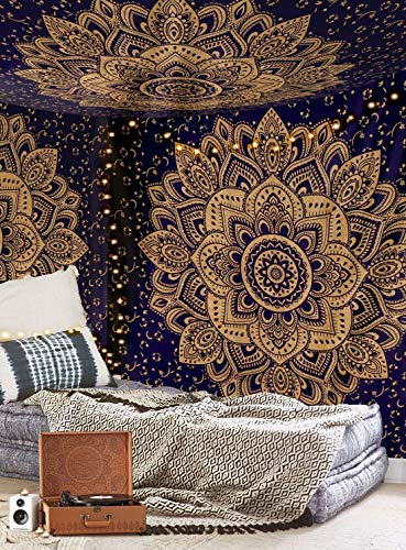 Aakriti Gallery Baumwolle Mandala Wandteppich Wandbehang - Böhmische Tagesdecke, Boho Decke/Überwurf Wandteppiche für Wohnzimmer, Wohnkultur (Blue Golden, 235 x 210 cms)