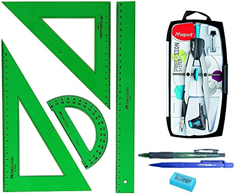 PACK LOTE Juego técnico Verde Faber Castell 65021 escuadra, cartabón, regla y semicírculo + 1 unidad de Bigotera Compás Mape Precision System 291010 (Colores Surtidos) con Adaptador + REGALO