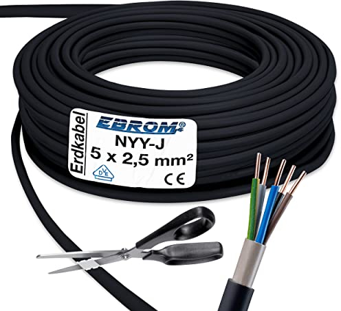 EBROM Erdkabel NYY-J 5x2,5 mm² - Starkstromkabel - PVC Erdleitung - schwarz - Meterware auf den Meter genau - Auswahl in 1 Meter Schritten, viele Längen - NYY-J 5x2,5 mm2 - Ihre Länge: 35 Meter